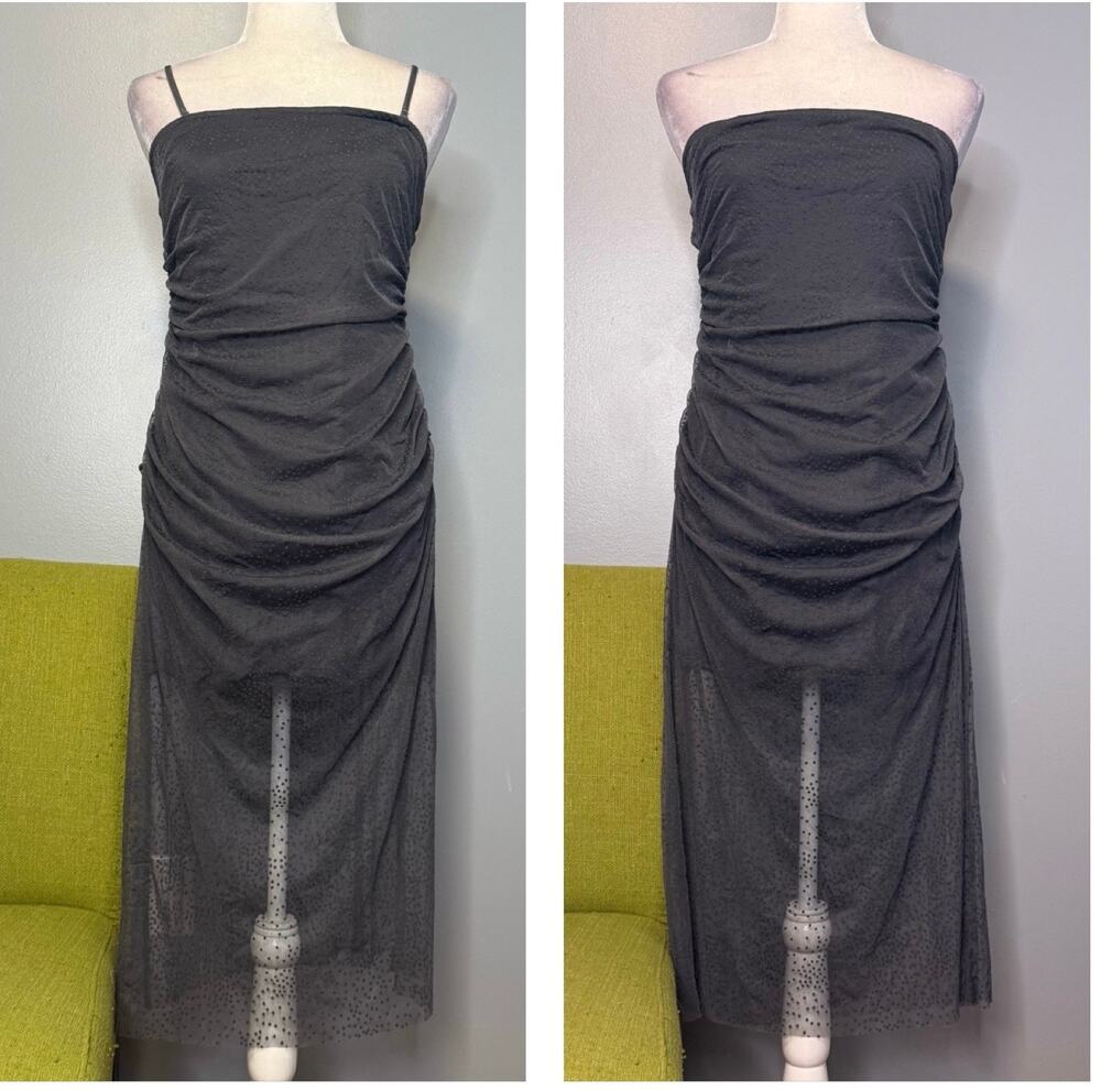 Anthropologie Gray Sheer Ruched Shimmer Strapless Dress